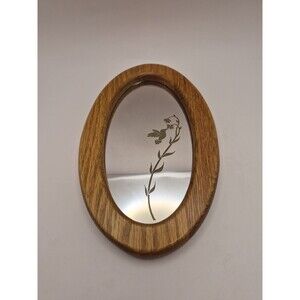 VTG Hummingbird Mirror Wall Hanging Oak Wood Frame Oval 10"H x 6.5" W